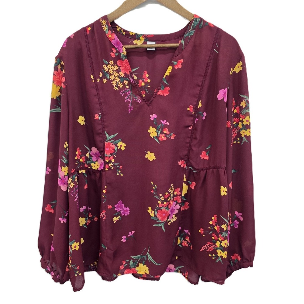 Old Navy Womens XXL Burgundy Floral Split‎ Neck Sheer Blouse Long Sleeve Boho